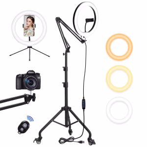 HAARAY 12" Ring Light with 82" Extendable Wheeled Tripod Stand & Folding Arm for Phone